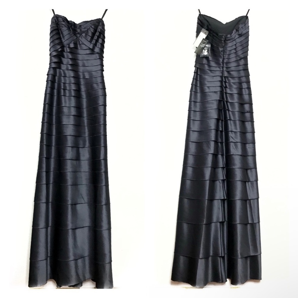 BCBGMaxAzria Black Satin Strapless Tiered Evening Gown